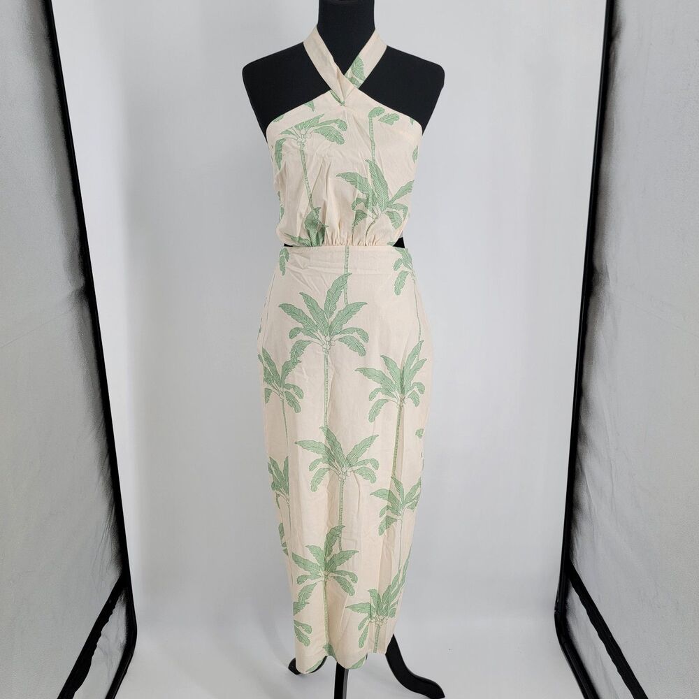 Anna Grace Womens M Ivory Green Lined Halter Side Cutout Tropical Maxi Dress